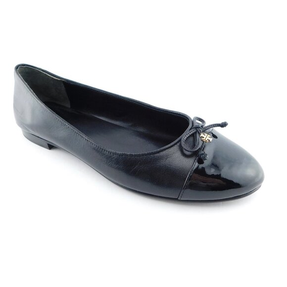 TORY BURCH Logo Bow Cap Toe Black Leather Ballet Flats 10